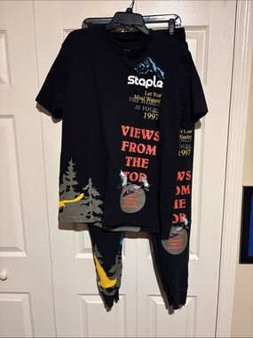 Staple Black Graphic Tee with Multicolor Prints and Staple Pants Set